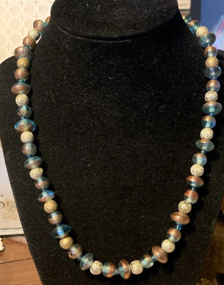 VETEMENTS Collana Perline Perline Vetro Rame Blu Oro Texture