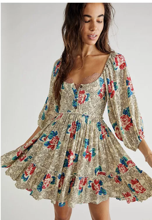 Free People Endless Summer Summer Picnic Printed Smocked Mini Dress M