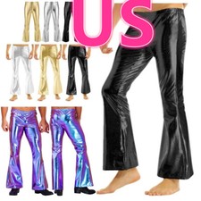 Men's Shiny Faux Disco Trousers Bell Bottoms Flared Long Pants Motorcycle