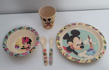 Disney Mickey & Minnie Mouse Easter Set Lot Bamboo Bowl Plate Cup Spoon Fork Set
