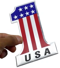 ALUMINUM American Flag Number 1 Decal Emblem For Auto, Motorcycle, Car 4.55" x 3