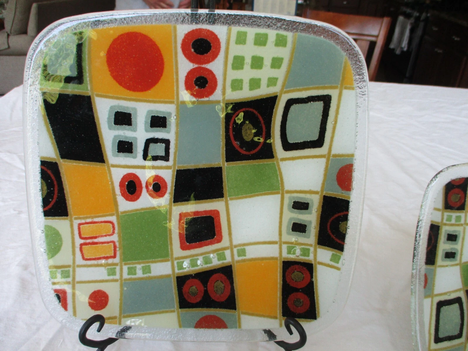 Peggy Karr Retro Grid 12" Square PLATE Fused Glass Atomic Retro Gemometric W Bo