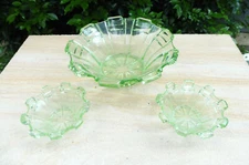 Vintage Art Deco Green Depression Glass Three Piece Breakfast/Dessert Set