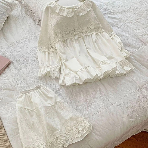 Women's Flower Embroidery Linen Pajama Summer Sets Tops+Shorts.Vintage Ladies - Picture 15 of 16