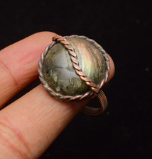 Labradorite Gemstone Copper Wire Wrapped Handmade Jewelry Ring Size 7