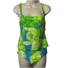 Vintage Green Blue Tropical Floral Tankini Swimsuit, Women s Size 10