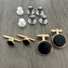 Vintage Faux Onyx Gold Plated Cufflinks Studs Set Wedding Prom Special Occasion