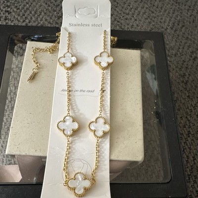 Gold Tone Stainless Steel Clover Station Necklace, White, Cable Chain Lobster