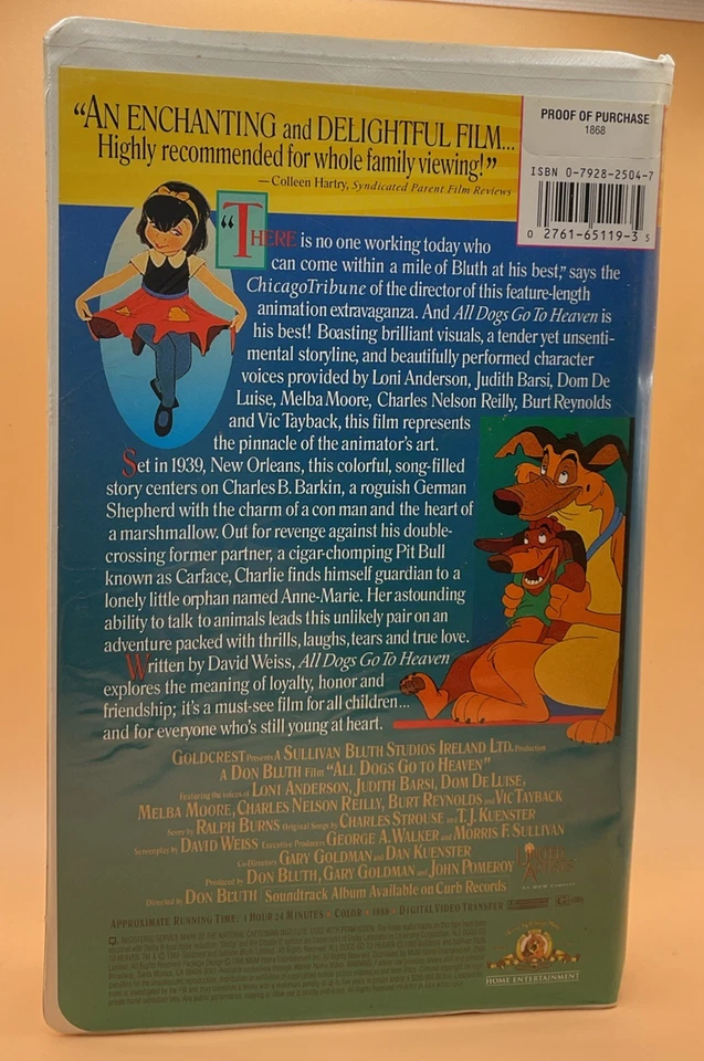 All Dogs Go to Heaven VHS 1989, 1998 Clamshell **Buy 2 Get 1 Free** - Image 2 of 3