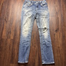 Miss Me Mid-Rise Easy Straight Jeans Embellished Distressed Medium Wash Size 28