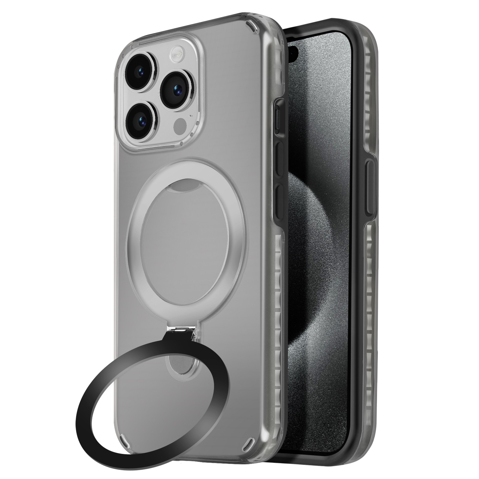 Coque iPhone 15 Pro antichoc Avizar avec support à rabat intégré noir en silicone