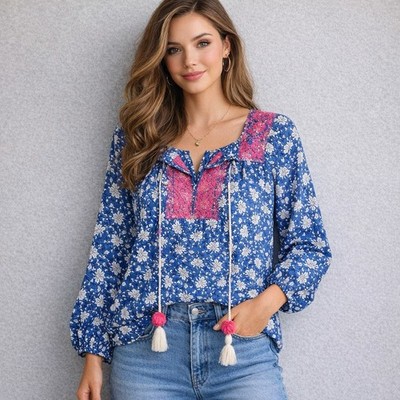J Crew Shirt Womens XS Voile Shirt Tassel Tie Embroidered Boho Blue Pink Top