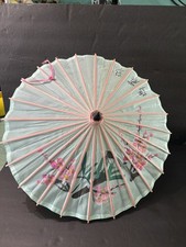 Vintage Hand Painted Floral Rice Paper Fabric Parasol 20" Chinese Wood Child