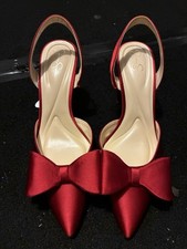 Jessica Simpson Red Satin Slingback Block Heel Pumps Bow Pointed Toe US 9