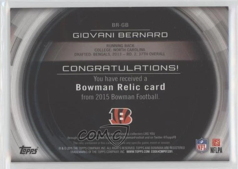 2015 Bowman Relics Gold /50 Giovani Bernard #BR-GB - Image 2 of 2