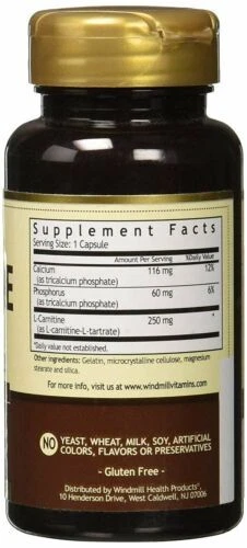 Cápsulas de suplemento de aminoácidos forma libre de L-carnitina Windmill 250 mg 50 unidades Foto 4 de 4