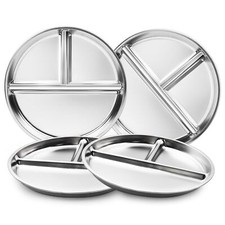 4 Pack 9 Inch Stainless Steel Portion Control Plate Divided Plates for Camping