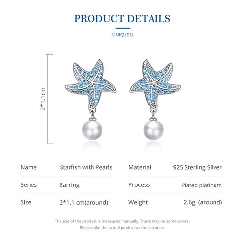 Auténticos pendientes de tachuelas para mujer Voroco 100 % plata esterlina azul estrella de mar perla - Imagen 6 de 10