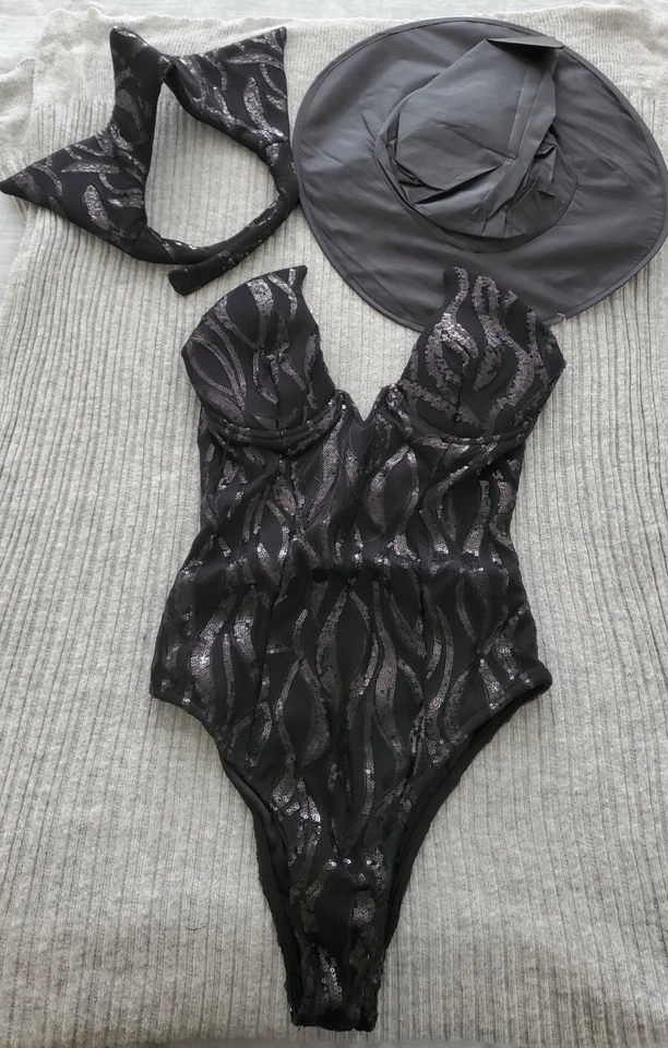 Body Roma Sexy Bruja Malvada Negro Lentejuelas con Sombrero Disfraz 4964 Talla Mediana Foto 4 de 4