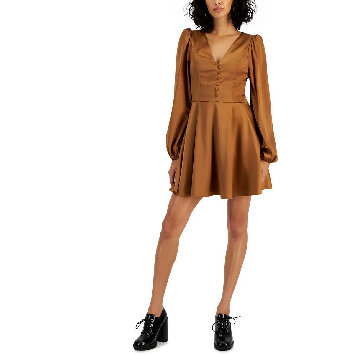 Женское коричневое атласное короткое дневное платье-клеш Tinsel Womens S BHFO 3157