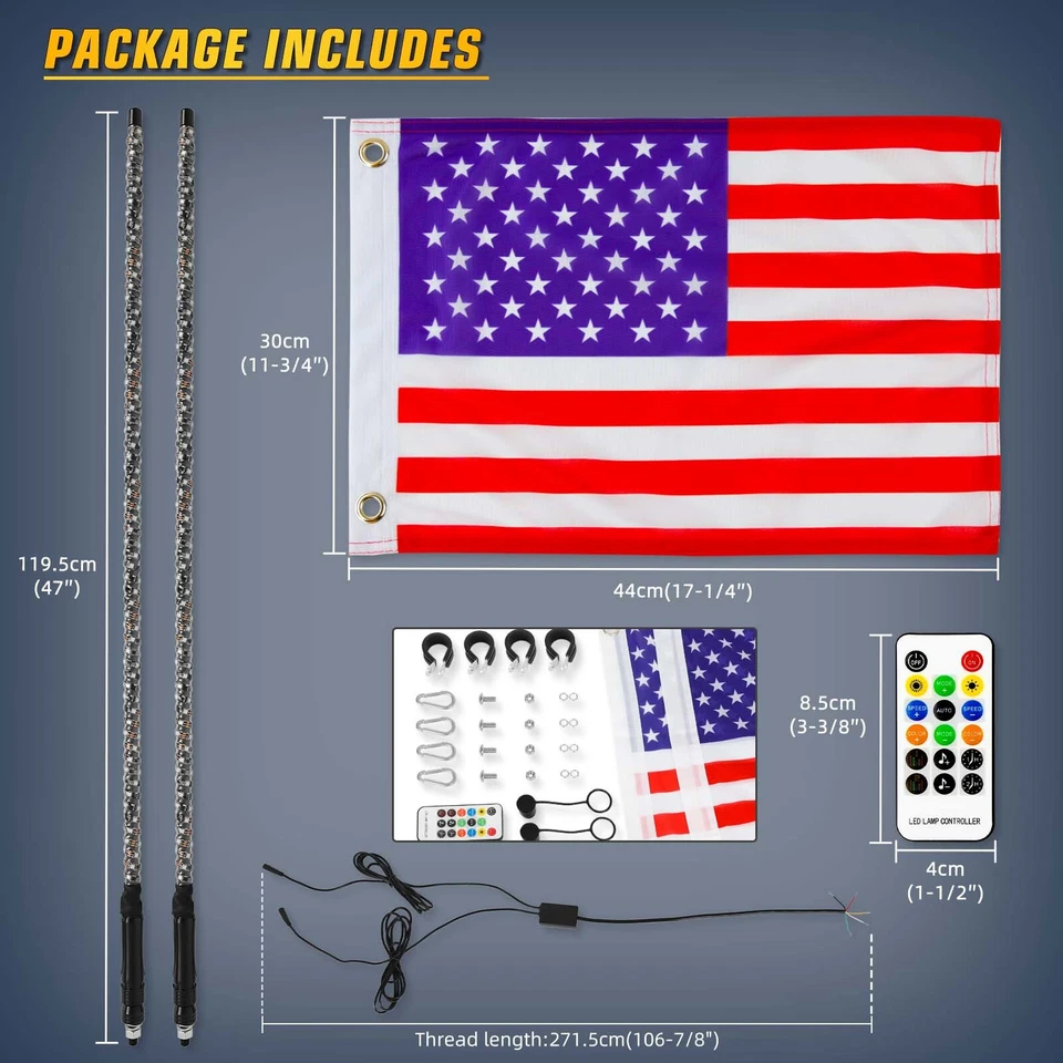 2 x 4 фута RGB LED хлыст огни антенна погони + флаг пульт дистанционного управления для CF Moto ZFORCE 500 800 - Изображение 2 из 4