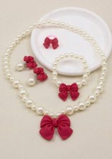 1set Children's Girls' Cute Bowknot  Beaded Necklace, Bracelet, Ring, Hair Clip