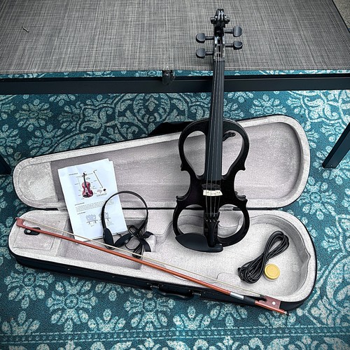 4/4 Full-Size Black Electric Violin with Case, Bow, Headphones, Rosin and More - Picture 3 of 19