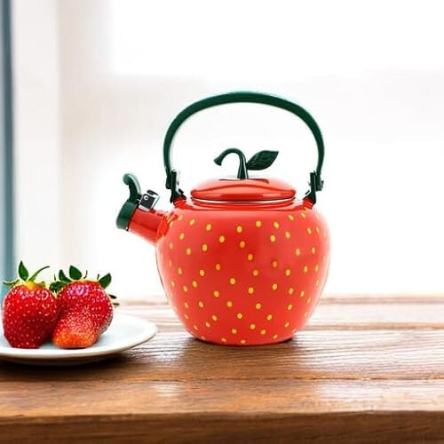 Whistling Tea Kettle for Stove Top Enamel on Steel Teakettle (2.3 Quart, Strawbe - Picture 5 of 10