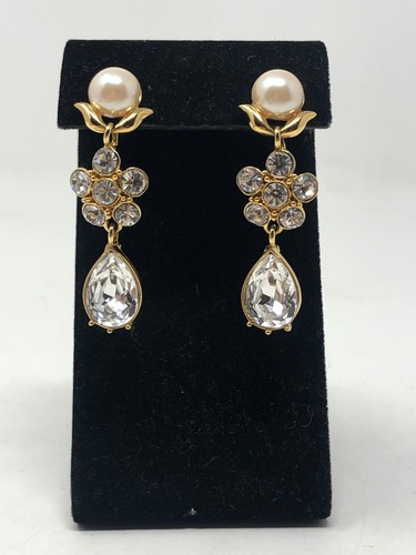 New Monet Gold Tone Faux Pearl and Crystal Cluster Dangle Drop Post Earrings - Picture 2 of 7