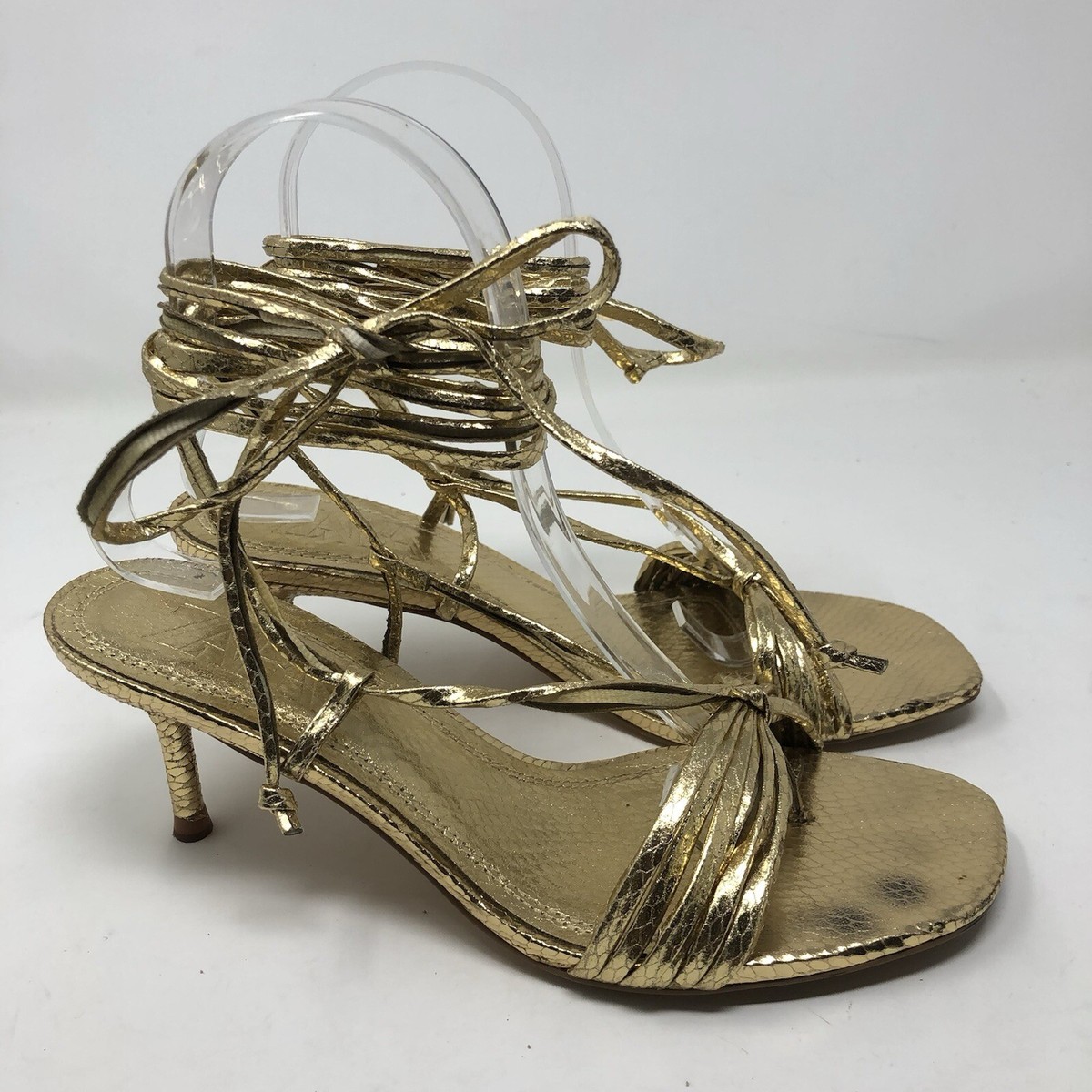 Zara Gold Snake Skin Embossed Strappy Stiletto Pump Heels