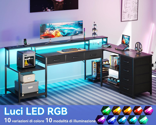 Tavolo Da Gaming Con Luci LED RGB, Scrivania Angolare Con 7 Cassetti E Ampio Spa - Foto 7 di 12
