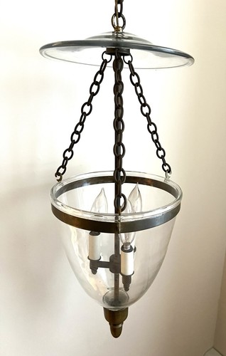 Superb Brass Glass Bell Jar 3-Light Pendant Chandelier Early/Mid 20th Century - Picture 5 of 11