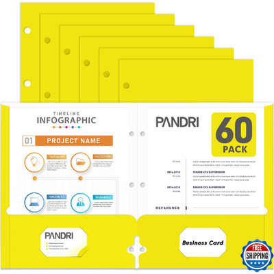 Two Pocket Portfolio Folders, PANDRI 60 Pack 3 Hole Punched 2 Pocket Folders for