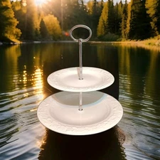 Martha Stewart Porcelain 2 Tiered Serving Tray White Bottom 11.5 in. Top 8 in.