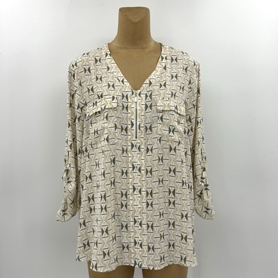 Cato 18/20 1X Beige Tunic Gold Zipper V Neck Chiffon 3/4 Roll Tab Top Womens