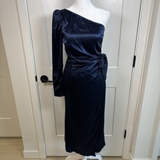Reformation Justine One Shoulder 100% Silk Dress Navy Blue Size 0 Wedding Guest 