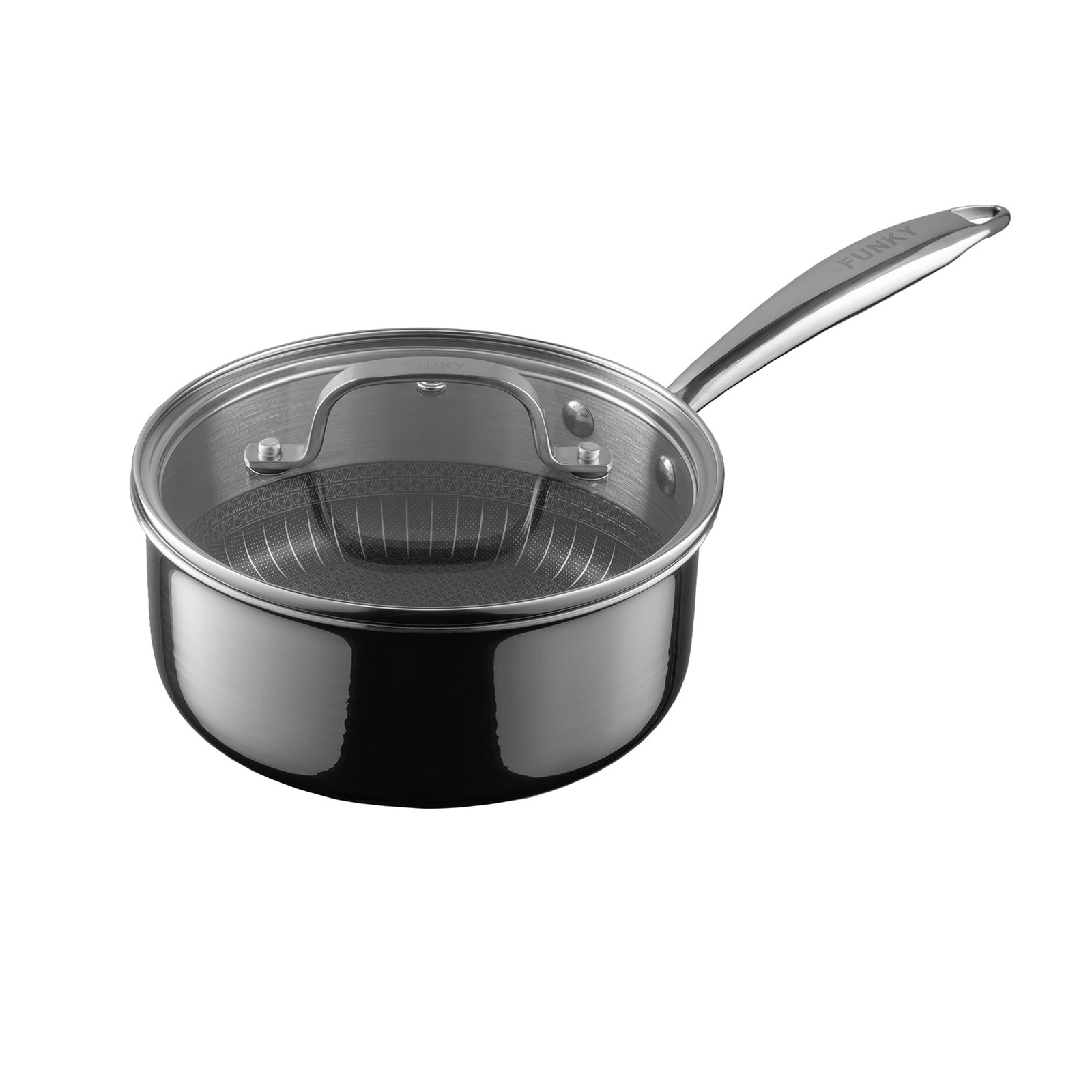 Funky Pro Cookware, 16cm Saucepan + Glass Lid, Tri-ply Technology, 1.4L Capacity