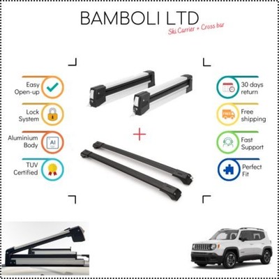 Bamboli 19'' Ski Carrier & Black Cross Bar Set For Jeep Renegade 14-22 4pcs