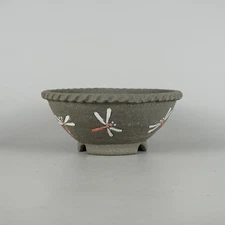 Echizen Bunzan Bonsai Pot Round 19cm Dragonfly Design Handcrafted Japanese