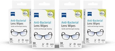ZEISS Anti-Bacterial Lens Wipes, Lens Cleaner for Glasses, Camera 4 Packs of 30