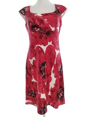 ANN TAYLOR Damen Sommerkleid Gr. S Rot Seide 100% Kurzer Ärmel Knielang Runder
