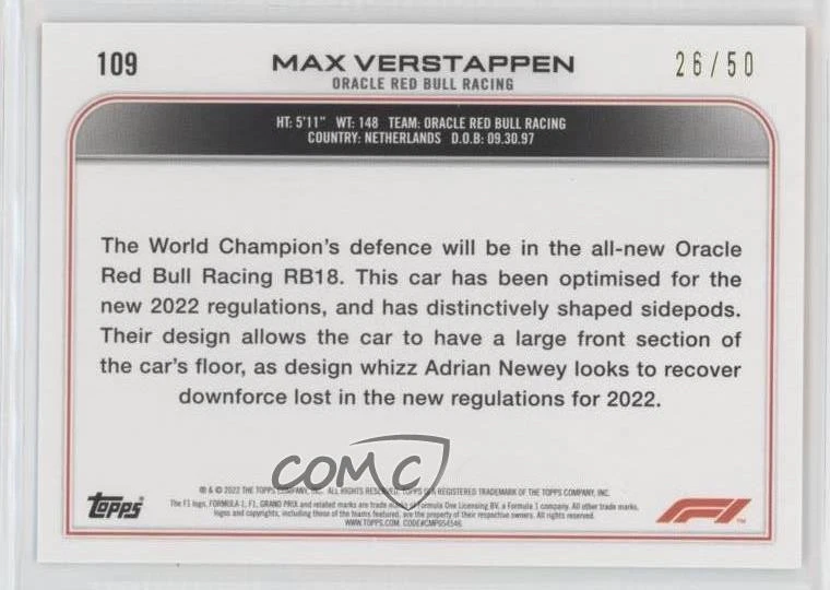 2022 Topps Formula 1 F1 Cars Gold /50 Max Verstappen #109 - Image 2 of 2