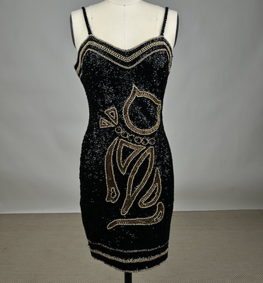 Vintage 1980s Does 1920s Black Sequined Beaded Cocktail Dress Gold Cat  Kitten | eBay