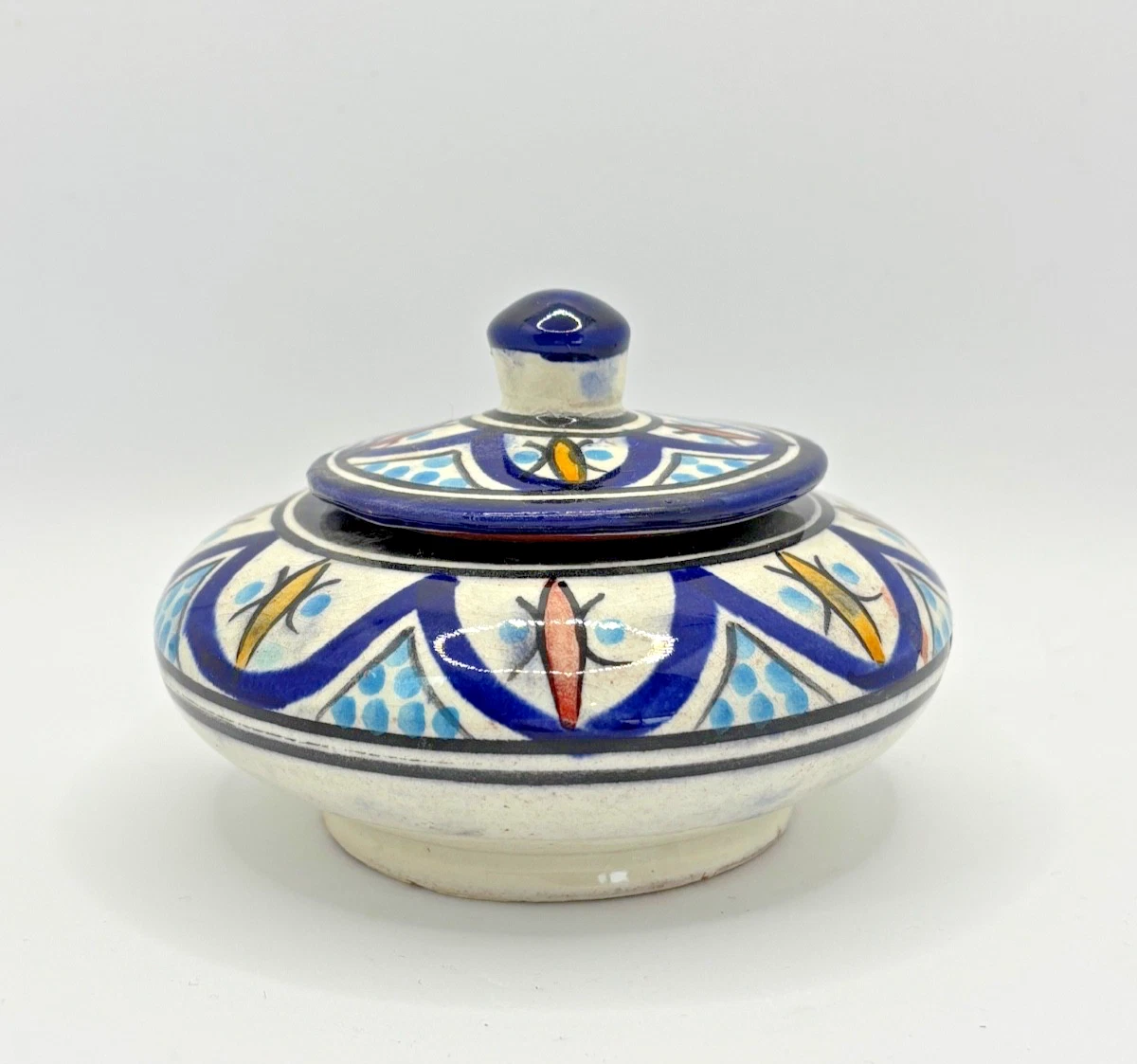 Moroccan Ceramic Lidded Jar – Blue & Multicolor Fez Pottery Spice/Trinket Bowl