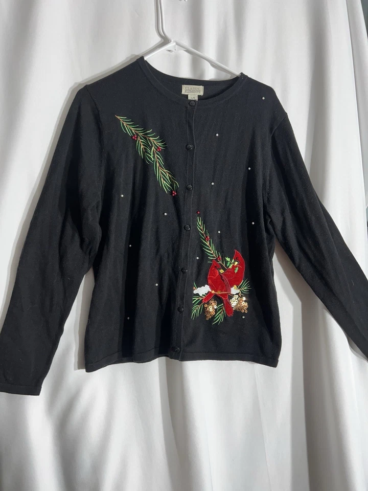 Suéter preto vintage clássico elementos enfeitado Natal cardinal tamanho G - Imagem 2 de 4