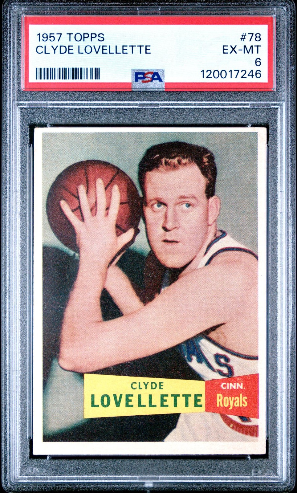 1957 TOPPS BASKETBALL #78 CLYDE LOVELLETTE, PSA 6 EX-MT (FRESH) ROOKIE CARD, HOF