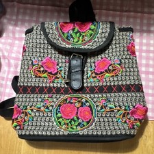 Embroidered Floral Women s Backpack Black Multicolor w/Buckle Closure