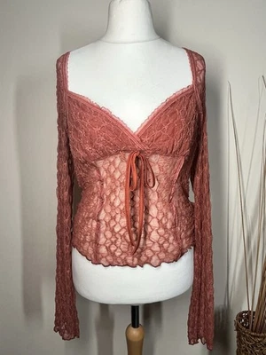 SHEIN Lace Mesh Tie Front Top Women Size L Rust Pink Y2K Fairy Grunge Boho - Image 1 of 4
