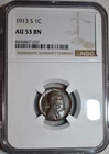 NGC AU-53 BN 1913-S Lincoln Cent, Highly Lustrous & Lightly Circulated.