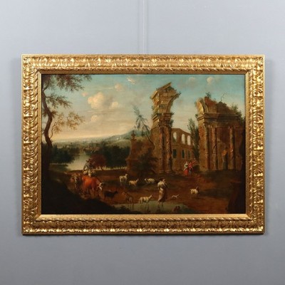 Antikes Gemälde Architektonisches Capriccio Öl auf Leinwand '700 Originell